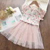 Girls Clothes Summer Clothing Set Kids Cartoon T-shirt Pink Mesh Princess Dress Cloth 3 7Y 210429