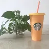 Sjöjungfru Starbucks Tumbler 24oz / 710 ml Plastisk återanvändbar drickskopp klar platt botten halmkopp med cylindriskt lock