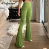 Colysmo Green Flaring брюки вязаные твердые цветные эластичные талии длинные брюки женщины винтажные вечеринки носить повседневные элегантные сексуальные 210527