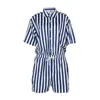 Men's Vests Women Fashion Men Striped Rompers Short Sleeve Button Shorts Lapel Jumpsuit Drawstring Streetwear 2022 Casual Playsuit Stra22