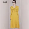 Moda Jesień Office Lady Dress Kobieta Vintage Elegancki Żółty Ol Work Nosić V-Neck Długi Rękaw Wysoki Talia Midi 210519