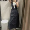 Haute qualité femmes mode bouton-up Denim jarretelle robe mi-longue Vintage dos nu poches latérales bretelles femmes robes Mujer 210520