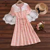 Mori Girl Sweet Lato Kobiety Sukienki Vintage Green Plaid Drukowane Navy Collar Bawełniane Pościel Midi Sukienka Femininos Vestidos 210520