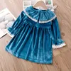 طفل / طفل الرباط خمر الأزرق velet فستان طويل الأكمام 210528