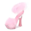 Kvinnor Fur Super High Heels Sommar Ankelband Sexig Fjäder Transparent Vattentät Plattform Sandaler Skor