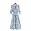 Za shirt jurk gestreepte print korte bladerdeeg mouw elegante midi zomerjurk vrouwen mode elastische taille riem hemel blauwe jurken 210602