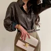 Autumn Winter Vintage PU Faux Leather Women's Blouse Solid Long Sleeve Tops Elegant Loose Shirts Office Lady 210428