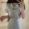 Yitimuceng 2 stycke blus och kjol Kvinnor Cardigan Kortärmad T-shirts Slim A-Line Kjolar Sommar Koreansk Fashion Sundress 210601