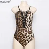 Hugcitar Mode Sexy Strap Lace Up Bodysuit Frauen Tiefem V-ausschnitt Ärmel Leopard Gedruckt Overall Sommer Frauen Body Anzug Q190516