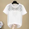 Verão Manga Curta Diamante Tshirt Moda Estilo Coreano Camiseta Femme Branco Preto Camisas Mulheres Casuais Cotton Tops 210604