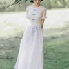 Yosimi Branco Voile e Lace Mulheres Vestido elegante Verão Chinês Cheongsam Bordado Bordado Bordado De Manga Curta Vestidos De Partido 210604