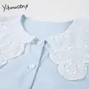 Yitimuceng Blouse Mulheres Botão para cima Camisas Peter Pan Collar Slow Slow Sólida Sólida Verão Azul Coreano Fashion Tops 210601