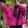 Johnature Vrouwen Rose Red Parkas Katoen Linnen Vintage Jassen Button O-hals Lange mouwzakken Lente Losse Parkas 210521