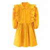 Chic Ruffle Half Sleeve Dress Kvinnor Höst Vinter Solid Gul Beach Vintage Puff Pocket Office Ladies 210427