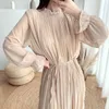 Elegante primavera autunno abito lungo plus size chiffon pieghettato donne stile coreano allentato vita alta cintura abiti 12536 210521