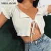 Missakso Sexy Crop Top bianco aperto davanti con lacci Streetwear lavorato a maglia manica corta moda Top estate camicia da donna 210625