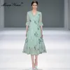 ファッションデザイナードレス夏の女性のドレスVネック刺繍シフォンエレガントなドレス210524