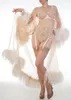 Luxury Feather Sleepwear Women Photoshoot Dress Sexig Illusion Fotografi V Neckrockar Tiered Ruffles Bridal Bathrobe Bröllopsklart