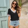 Yaz V Boyun Kısa Kollu T-Shirt Kadın Moda Leopar Baskı Patchwork Rahat Kadın Gevşek Siyah Kazak Tees Artı Boyutu 210522 Tops