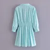 Kobiety Summer Casual Za Mini Shirt Dress 3/4 Sleeve V-Neck Solid Poplin Elastyczna Talia Kobiet Elegancka Regeles Line Vestidos 210513