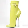 JIALUOWEI 7inch High Heel Metal Ballet Fetish Spike Padlock Ankle Boots Sexy Pointy Toe Mustard Yellow Shiny Patent PU Women Shoe Gothic Punk Lolita Exotic Pole Dance