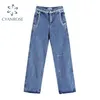 Målade blå denim byxor hög midja vintage streetwear brett ben jeans byxor mujer mode hajuku bf ulzzang rakt 210515