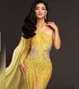 Vestido de novia Vestido de noche Mujer Funda de tela Sirena Yousef aljasmi Vestido de mujer Kim kardashian Un hombro Amarillo Con capa