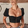 JOCOO Jolee Kırpılmış Kadın Yaz Seksi Düşük Kesim Puf Kısa Kollu T Gömlek Elastik Ince Kısa Tişörtleri Zarif Retro Tops 210518