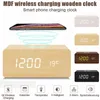 LED Alarm Clock Digital Wooden Desk Clock Table Clock With Date Display Of Induction Charger Wireless Charging Pad For Iphone 211111