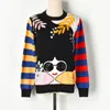 Winter Contrast Striped Sleeve Embroidery Leaves Beaded Sequins Sunglasses Girls Knit Sweater C-331 210522