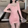 Autumn Cotton Pink Sexy Mini Dress Drawstring Bodycon Long Sleeve Pleated Casual es For Women Party Vestidos 12146 210512