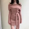 Korean Chic Little Sexy One-word Collar, Shoulder-slung Slim Fit, Body Shape, Tie Waist Pit Strip Knitted Dress Skirt GX1309 210507