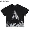 T-shirt Streetwear Hip Hop Fire Flame Girl Punk Rock Gothic Tees Koszulki Harajuku Casual Bawełna Krótki rękaw Tshirt Topy 210602