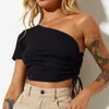 Women's T Shirts Women's T-Shirt Summer Top For Wommen 2022 Ladies Solid Color Slim-Fit Pleated Drawstring Diagonal One-Shoulder