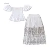 Summer Baby Kids Girl Girl Sets Quality Outfits Off Spalla Solid Color Gruck Serbatoio Tops Lungo Abito Flare 3pcs Set Moda Nuovi vestiti