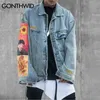 GONTHWID Van Gogh Painting Patchwork Embroidery Denim Jackets Hip Hop Casual Loose Jean Streetwear Fashion Outwear Coats 211217