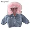 Зимняя девочка теплая густая джинсовая куртка мех капюшона для малыша девочка малышка в джинсовой жаке