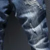 Włoski Styl Moda Mężczyźni Jeans Retro Dark Blue Elastyczna Bawełna Slim Fit Ripped Do Vintage Designer Drelich Ołówek Spodnie 3JLI