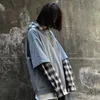 Winter Korea ins Harajuku vintage BF plaid stitching shirt sleeve hooded sweatshirt women fashion loose casual 210608