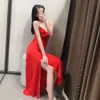 Sommar kvinnor maxi klänning v-nacke elegant dam mysig kvinna sling slits sexig röd satin klänning 210709