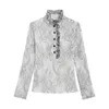 Höst stand-krage spets långärmad kvinna blusar all-match vit smal skjorta mode se genom ol stil 10766 210508