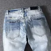Mäns Jeans Man Washed Water Blue Distressed Cashew Flower Stretch Slim Printed Small Feet High Street Men