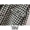 TRAF Women Fashion Oversized Houndstooth Frayed Tweed Jacket Coat Vintage Långärmad Fickor Kvinnlig Ytterkläder Chic Top 211112