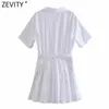 Zevity Women Fashion Hem Plisowane Patchwork Białe Pantkirts Styl Mini Sukienka Kobieta Krótki Rękaw Wstecz Zipper Chic Vestido DS8306 210603