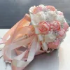 Korallenrosa, Elfenbein, Champagner, Satin, Rose, Festival-Stichsträuße, individuelles Band, Hochzeit, Brautstrauß, Blumen, Farboption W224A-6 210317