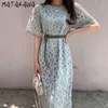 MATAKAWA industria pesada encaje ganchillo mujer vestido suelto encaje cintura manga corta Vestidos Corea verano cuello redondo bata mujer 210513