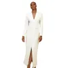 2022 Eleganckie Długie Białe Garnitury Suknie Wieczorowe Dla Kobiet Front Split Długie Rękawy Głębokie V Neck Formalne Suknie Party Mother Prom Dress Specjalne Obsycha