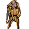 Hawaii beach flower Tracksuits shirt blouse Two-Piece men's loose plus size short pant and blouses mixed black gold color printing suit