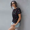 Mignon Cherry Print Puffy Sleeve Top T-shirts pour femmes Kawaii Solid Black O Cou à manches courtes Cherry Tshirt Plus Taille 210401