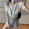 Summer Women Sexy Knitted Crop Cardigan Sweaters Short Sleeve Zipper Tops Black Whiter Ladies Cardigans Korean 210513